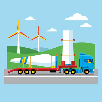 Wind Turbine Blade Transported By Truck In Rural Landscape With Windmills