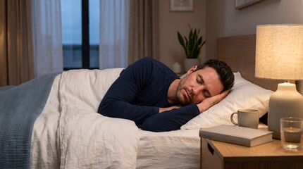 Fototapeta premium Man sleeping peacefully in bed at night with bedside lamp and book