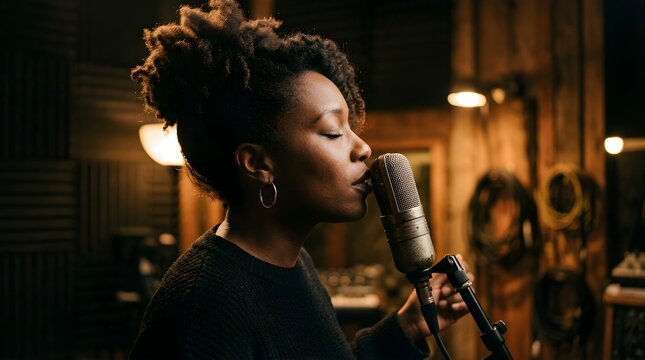 African American woman singing into a studio microphone recording audio
