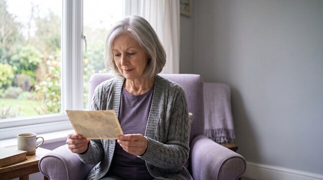Elderly Woman Sitting in Armchair Looking at Old Photograph