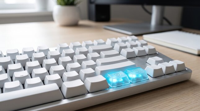 Mechanical gaming keyboard with glowing blue keys, modern white computer keyboard on wooden desk, minimalist home office setup