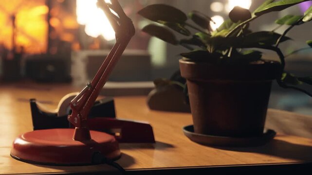 A desk lamp with a red base and a movable arm sits next to a potted plant on a wooden table. Soft light fills the room, creating a cozy atmosphere as evening approaches.