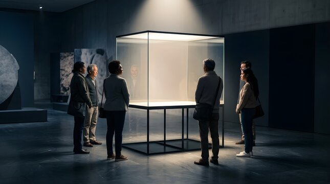 Diverse group of people viewing an empty glass display case in a museum