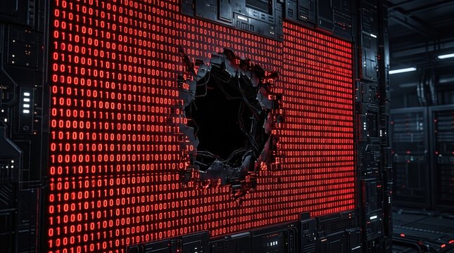 Cybersecurity data breach concept, red binary code wall with broken hole, digital security failure in server room