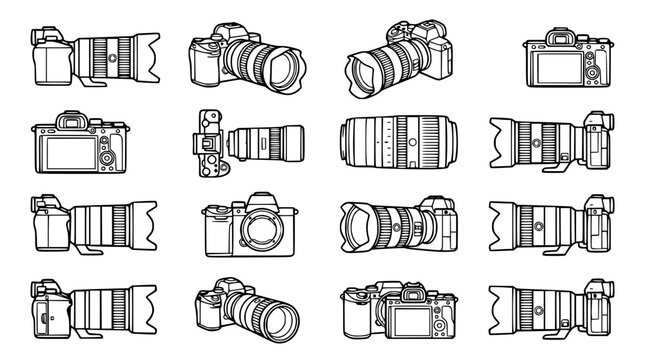 Digital Camera Collection Icons: Professional DSLR, Mirrorless, Zoom Lenses
