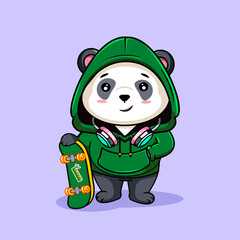 Cute Panda Wearing Hoodie with Skateboard and Headphones Cartoon Vector Illustration