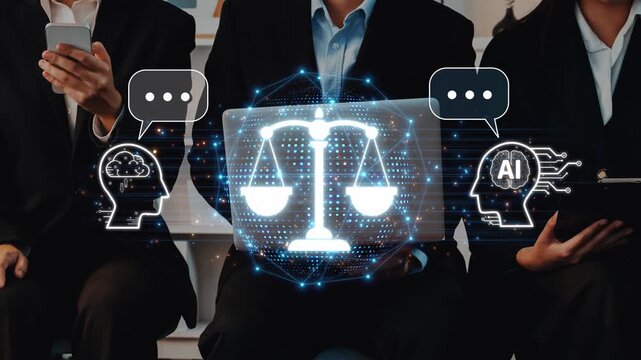 Business professionals engage in a discussion about artificial intelligence and legal concepts, emphasizing the intersection of technology, ethics, and law in modern practice. Raster