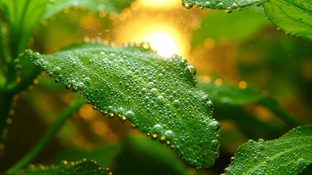 Deeper green leaf with morning dew drops in warm golden sunlight