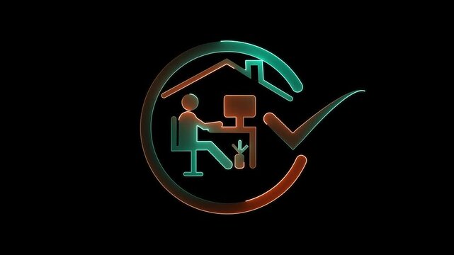 Luminous neon orange and cyan representing a person working from home at a computer desk with a checkmark signifying successful remote work or home office setup on.