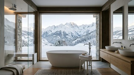 Fototapeta premium Modern luxury bathroom with bathtub overlooking snowy mountain landscape