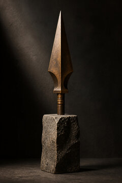 Geometric bronze spearhead sculpture mounted on rough stone plinth.