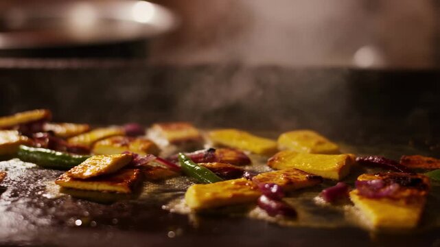 Sizzling spiced vegetable dish cooked on griddle with bubbling oil with vibrant vegetables sizzling