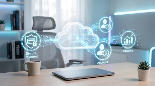 Holographic cloud computing interface, modern office workspace with laptop and safety icons, digital network security, business technology concept, smart desk setup, blue light atmosphere