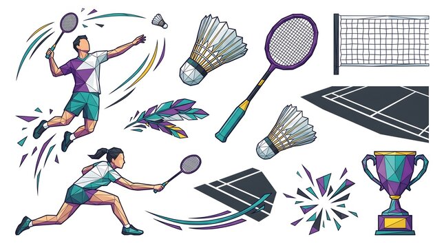 Badminton sport elements featuring geometric male and female players with racquets shuttlecocks trophy court net and vibrant abstract motion lines in a flat vector style