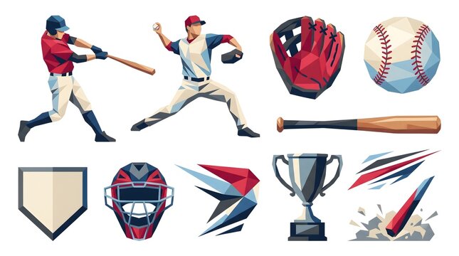 Baseball player icons set featuring polygonal geometric art style including pitcher batter glove ball bat catcher mask and trophy isolated on a clean white background
