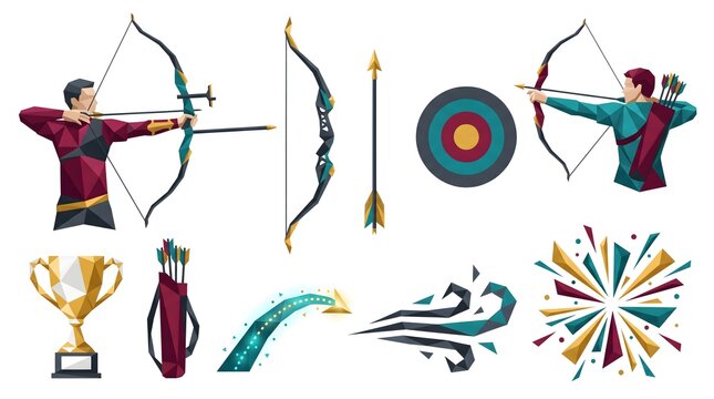 Skilled archers aiming with compound bows alongside a target trophy and decorative elements presented in a vibrant low poly geometric art style on white background