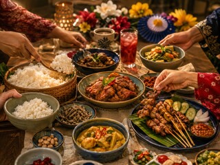 Obraz premium Merdeka Malaysian Family Meal with Traditional Dishes and Communal Dining Celebration