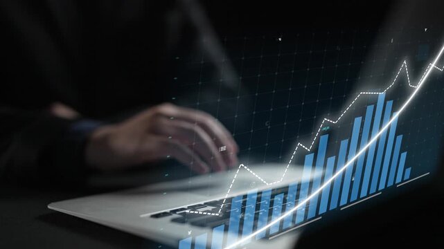 A person works on a laptop with a dynamic digital graph showcasing financial growth trends. Ideal for themes of business, technology, and data analysis. Copula
