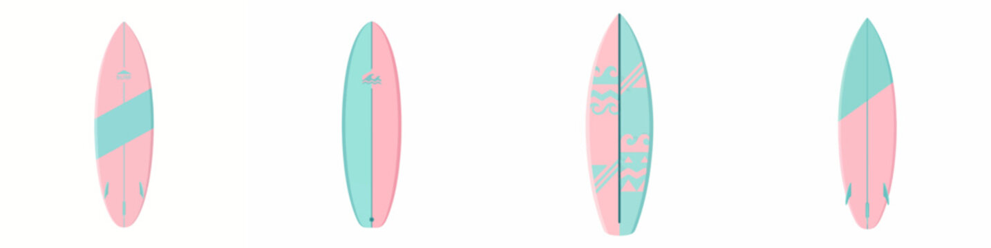 Set of four surfboard vector illustrations with pink and teal designs