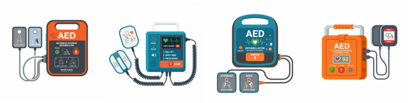 Set of automated external defibrillator units isolated on white background