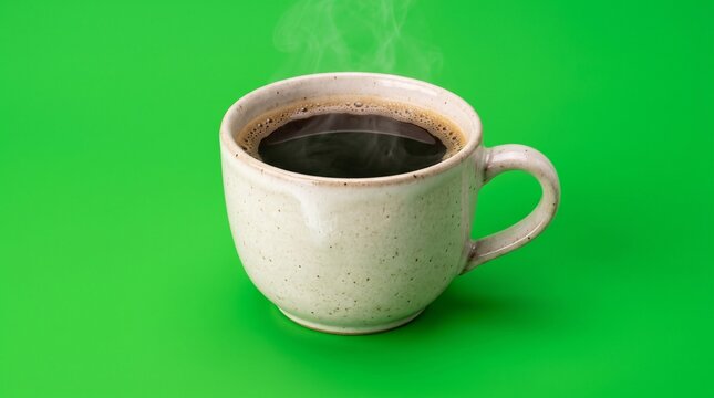 Hot steaming black coffee in a ceramic cup on a solid green background
