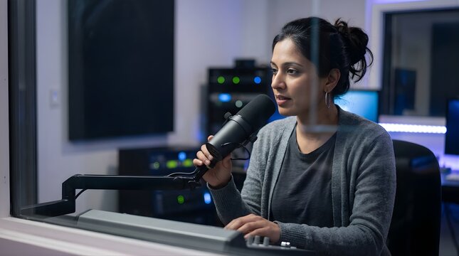 Young woman broadcasting live on a professional radio station microphone
