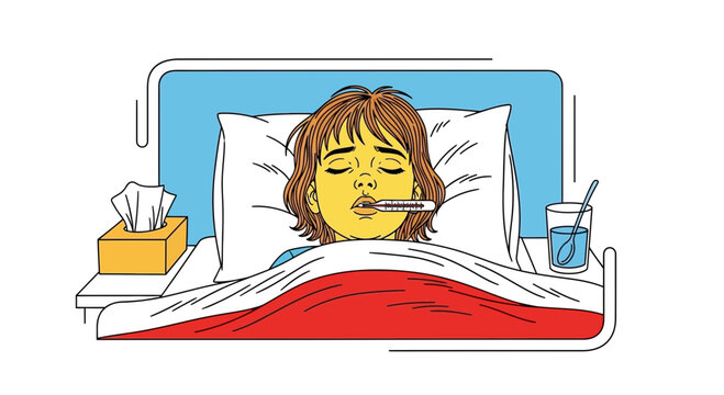 Sick Child in Bed with Thermometer and Tissues, Feeling Unwell