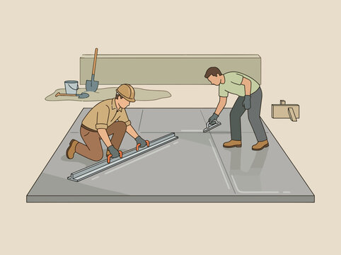 Skilled Construction Workers Performing Concrete Flatwork And Smoothing Professionally