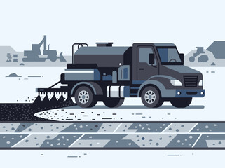 Obraz premium Road Construction With Asphalt Sprayer Truck and Heavy Machinery