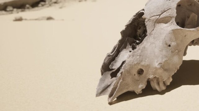 A skull of an animal is shown on a flat and plain surface. The light highlights the features of the skull. The setting is simple and focuses on the object.