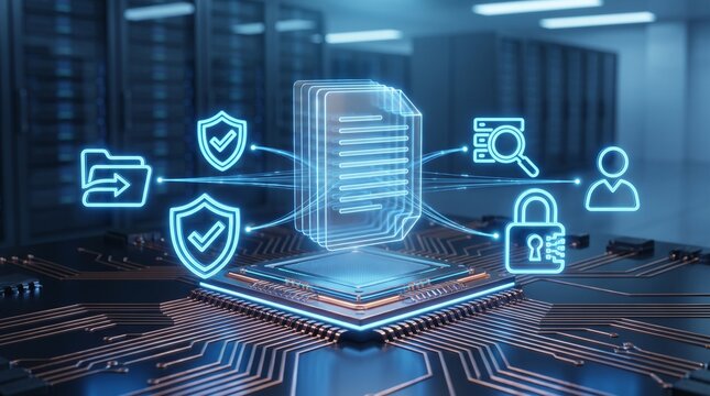 Glowing digital document icons hover over a computer processor in a secure server room.
