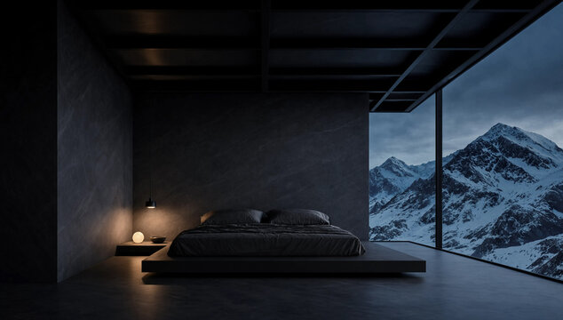 Ultra Minimalist Bedroom With Floating Platform Bed, Floor-To-Ceiling Glass Wall And Open-Air Layout With Contemporary Design (AI-Generated)