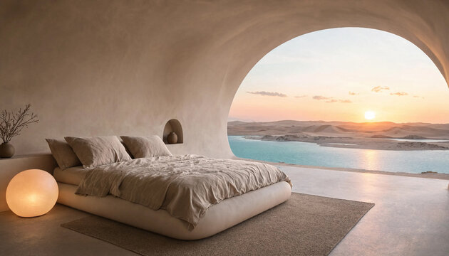 Ultra Minimalist Bedroom With Floating Platform Bed, Floor-To-Ceiling Glass Wall And Open-Air Layout With Contemporary Design (AI-Generated)