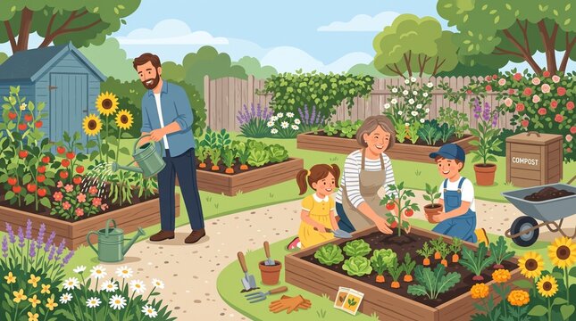 Happy family gardening together in backyard, parents and children planting vegetables in raised beds, sustainable home garden lifestyle