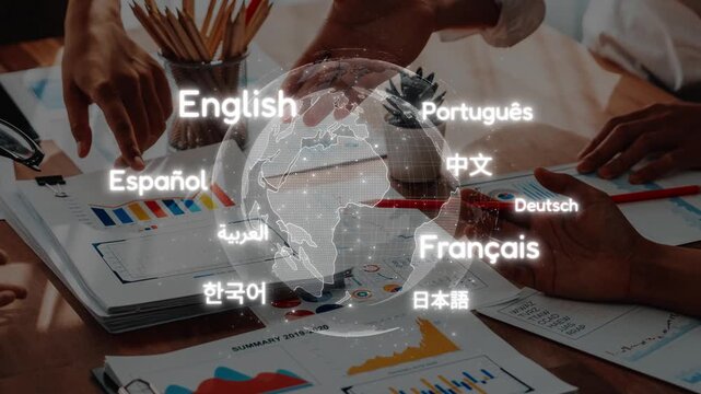 A collaborative scene showcasing diverse teams engaged in discussions with charts and graphics. This image emphasizes the importance of multilingual communication in business settings. Raster