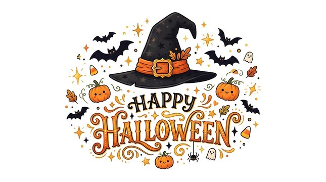 A vibrant and festive happy halloween illustration featuring a witch's hat and playful spooky elements