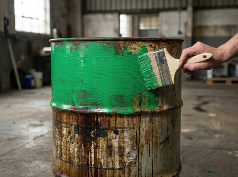 Paintbrush covering a dirty industrial oil drum with vibrant green paint