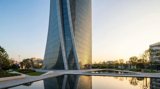 Modern glass skyscraper reflecting golden sunset sky.