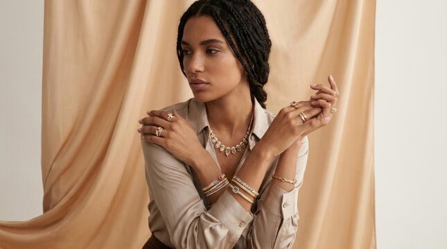 Portrait of a woman wearing elegant gold jewelry against a beige fabric background.