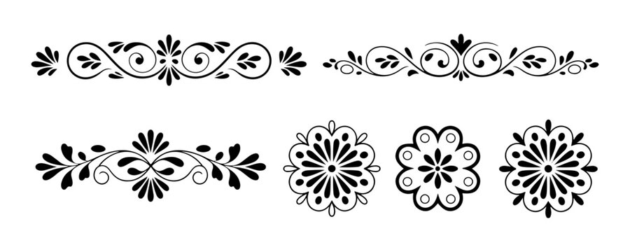 Decorative ornamental borders and floral emblems set on transparent background vector.