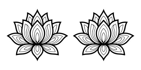 Fototapeta premium Two stylized lotus flower emblems line art design symmetrical vector illustration isolated on transparent background.