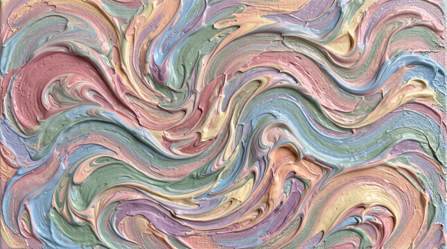 Abstract oil painting with thick impasto texture in soft pastel colors like pink, blue, yellow, and green swirls