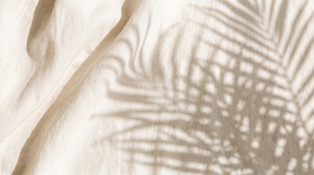 Soft beige fabric texture with tropical palm leaf shadow overlay