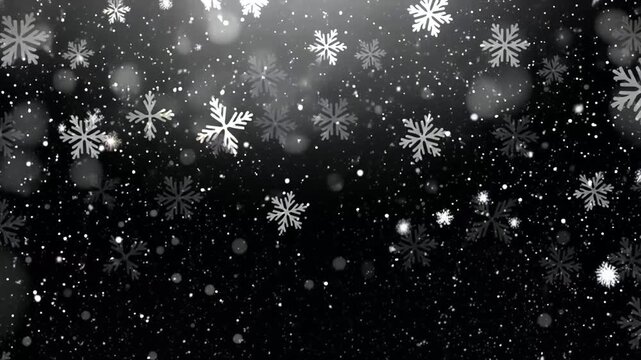 Bright white icy snowflakes glow against dark winter night background. Suitable for winterthemed designs, christmas cards, and holiday illustrations.