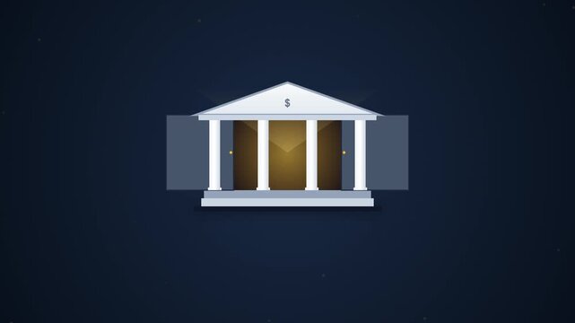 Minimalist animation of bank doors opening to reveal golden light.