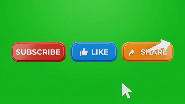 Social media buttons animation footage featuring subscribe like and share icons with mouse cursor clicking on a green background