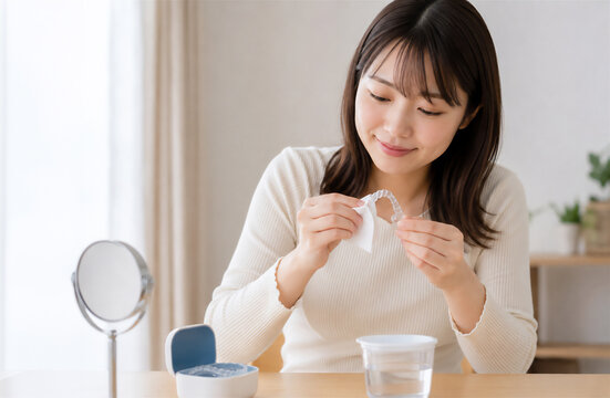透明マウスピースを洗浄・手入れする女性