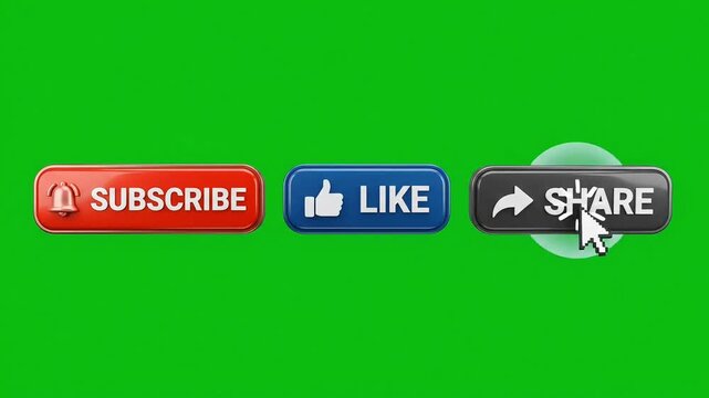 Subscribe like and share buttons with computer mouse cursor motion video clip for social media channel engagement overlay graphics
