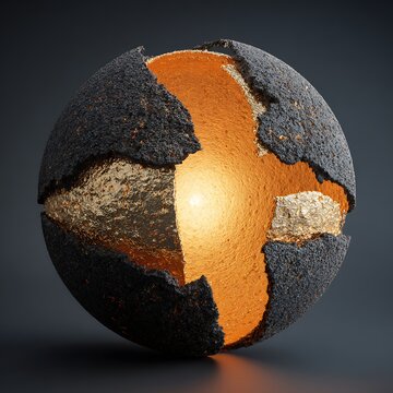 Abstract 3D Broken Sphere with Glowing Gold Core and Black Stone