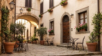 Obraz premium Realistic photography of a charming historic European café courtyard, featuring a warm Mediterranean-style stucco building with aged cream plaster walls, elegant wooden shutters, wooden interior